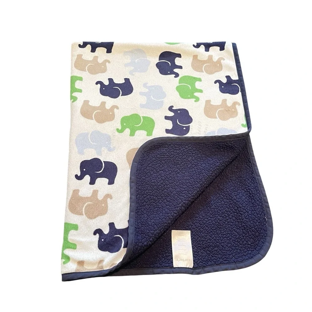 FLAW Carters Elephant Baby Blanket Navy Blue Green Tan Sherpa‎ 30x38